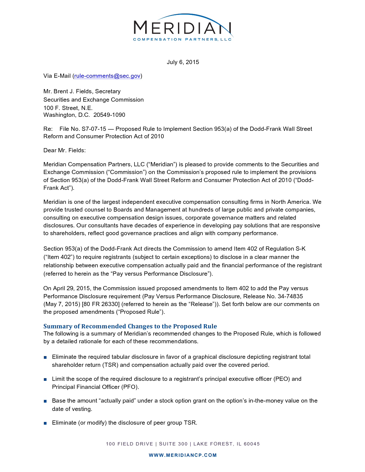 SEC Comment Letter on Pay vs. Performance Disclosure Rule Meridian